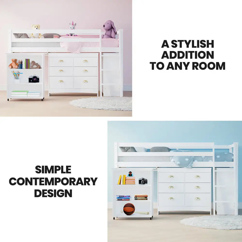 KINGSTON SLUMBER Wooden Kids Single Loft Bed Frame with Pull Out Desk Storage Drawers Cabinet - White - Furniture >