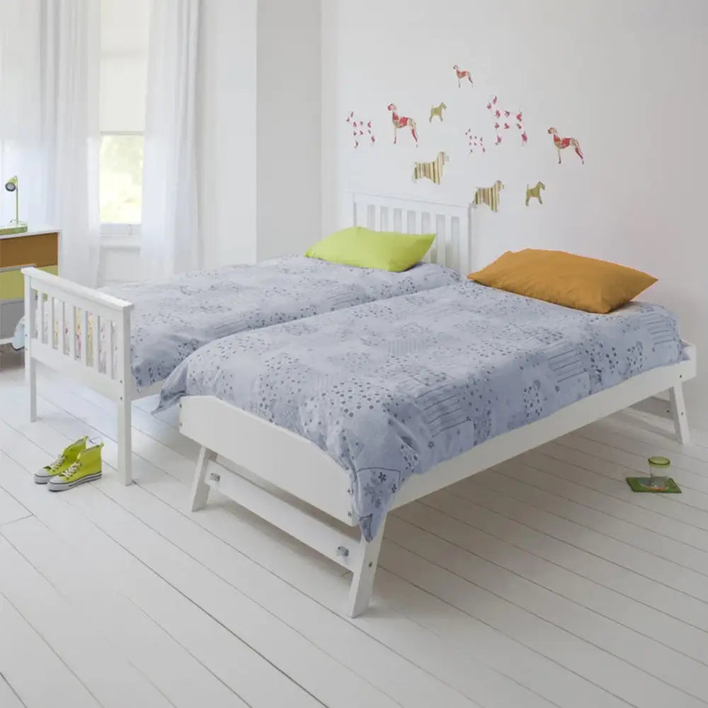 KINGSTON SLUMBER Wooden Single Bed Frame w/ Pop Up Trundle for Kids Bedroom White - Furniture > Bedroom > Beds & Bed