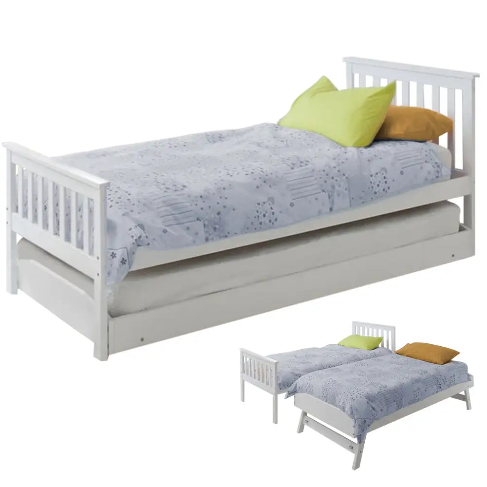 KINGSTON SLUMBER Wooden Single Bed Frame w/ Pop Up Trundle for Kids Bedroom White - Furniture > Bedroom > Beds & Bed