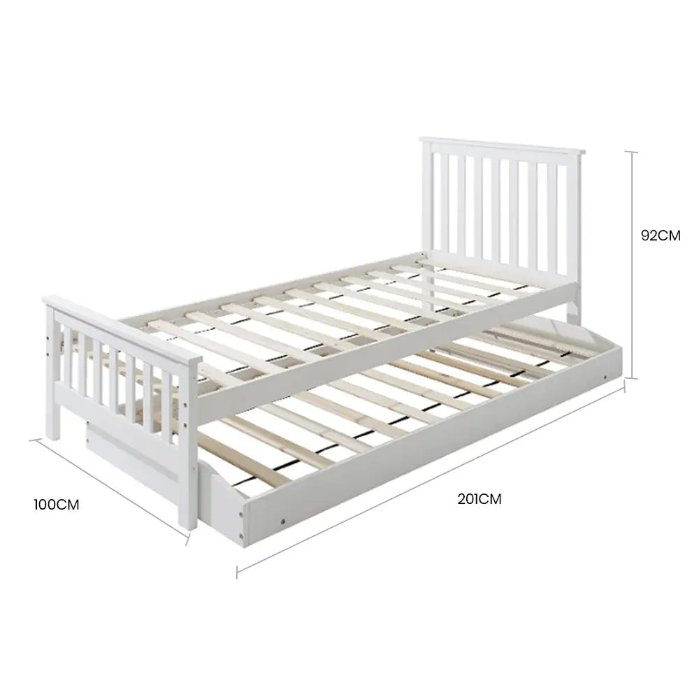 KINGSTON SLUMBER Wooden Single Bed Frame w/ Pop Up Trundle for Kids Bedroom White - Furniture > Bedroom > Beds & Bed