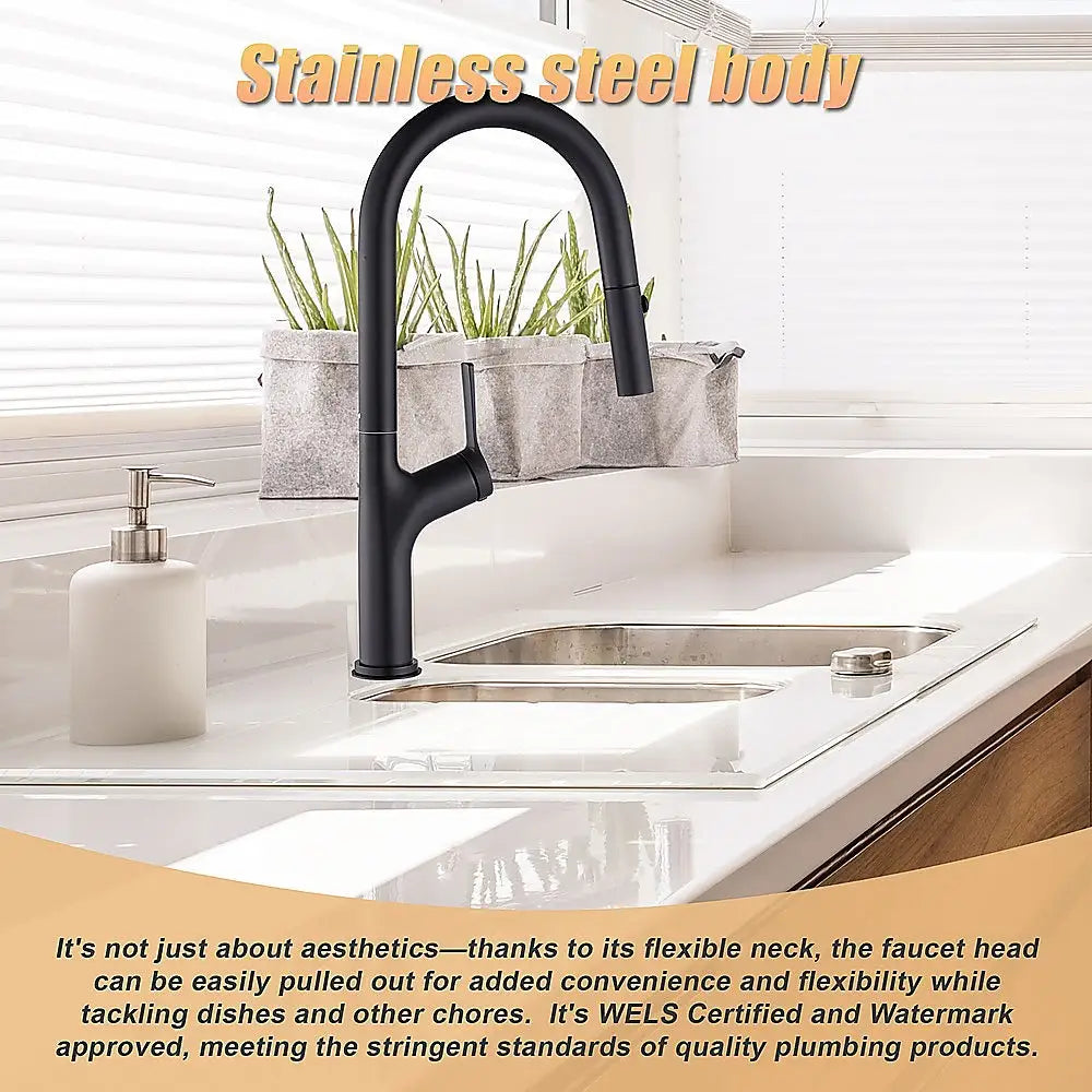 Kitchen Laundry Bathroom Basin Sink Pull Out Mixer Tap Faucet in Black - Furniture > Bathroom > Tap & Sink Accessories