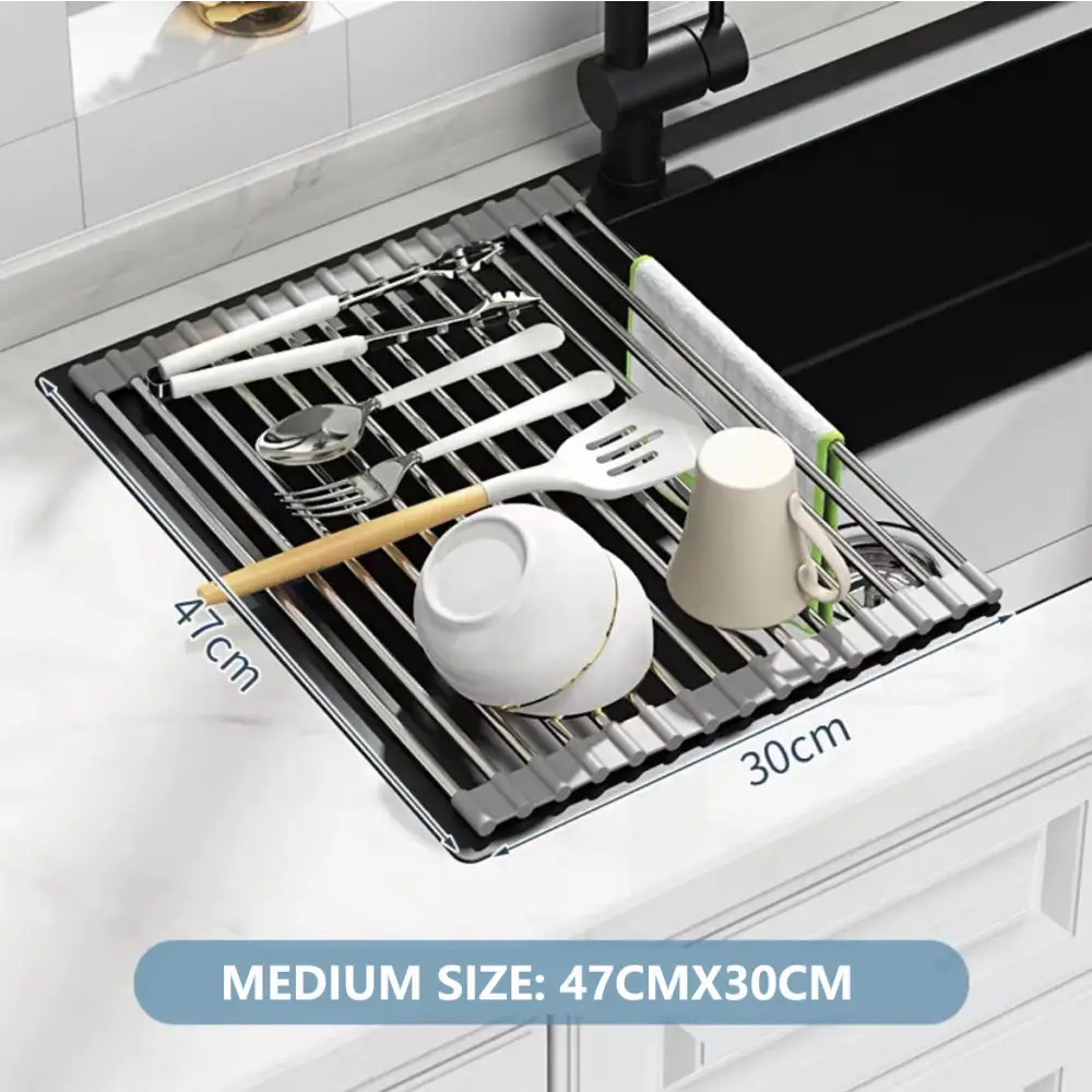 Kitchen Roll-Up Dish Drying Rack Foldable Drainer Over Sink 304-Stainless Steel(Medium:47*30cm) - Home & Garden >