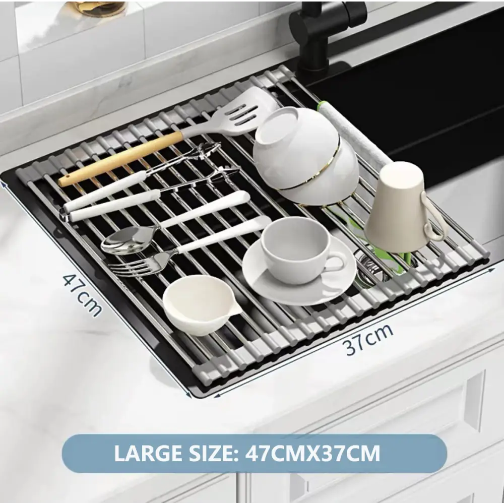 Kitchen Roll-Up Dish Drying Rack Foldable Drainer Over Sink 304-Stainless Steel(Large:47*37cm) - Home & Garden >