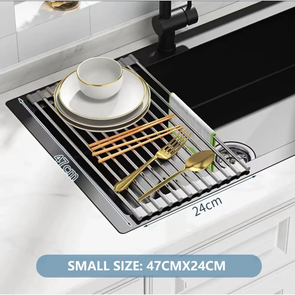 Kitchen Roll-Up Dish Drying Rack Foldable Drainer Over Sink 304-Stainless Steel(Small:47*24cm) - Home & Garden >