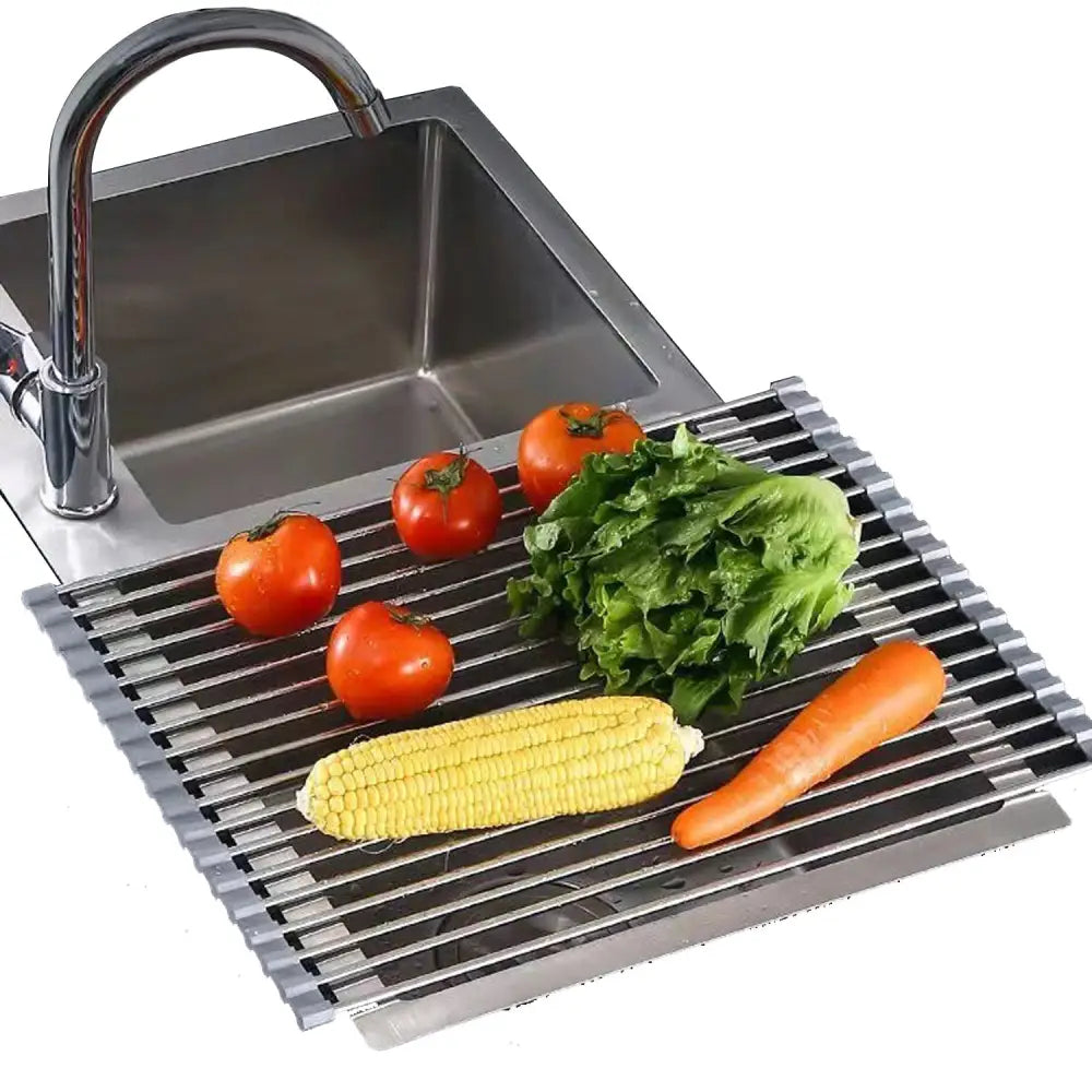 Kitchen Roll-Up Dish Drying Rack Foldable Drainer Over Sink 304-Stainless Steel(Large:47*37cm) - Home & Garden >