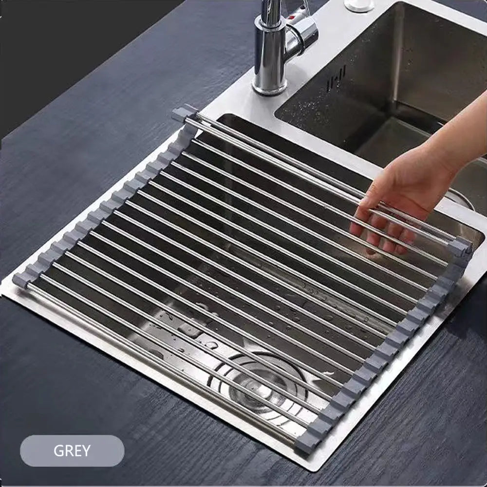 Kitchen Roll-Up Dish Drying Rack Foldable Drainer Over Sink 304-Stainless Steel(Small:47*24cm) - Home & Garden >
