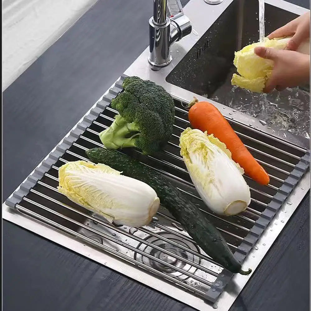 Kitchen Roll-Up Dish Drying Rack Foldable Drainer Over Sink 304-Stainless Steel(Small:47*24cm) - Home & Garden >