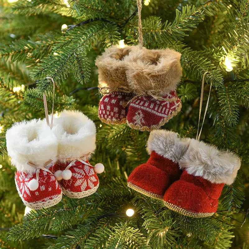 Knitted Christmas Boot Ornaments with Faux Fur Trim - Set of 3 Hanging Decorations - Occasions > Christmas > Christmas