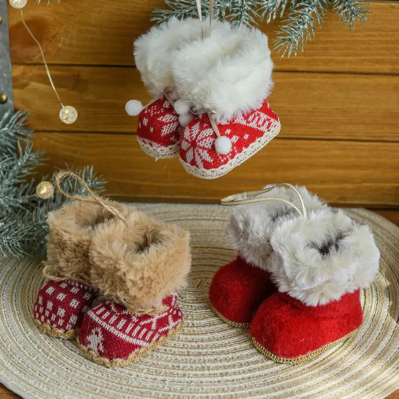 Knitted Christmas Boot Ornaments with Faux Fur Trim - Set of 3 Hanging Decorations - Occasions > Christmas > Christmas