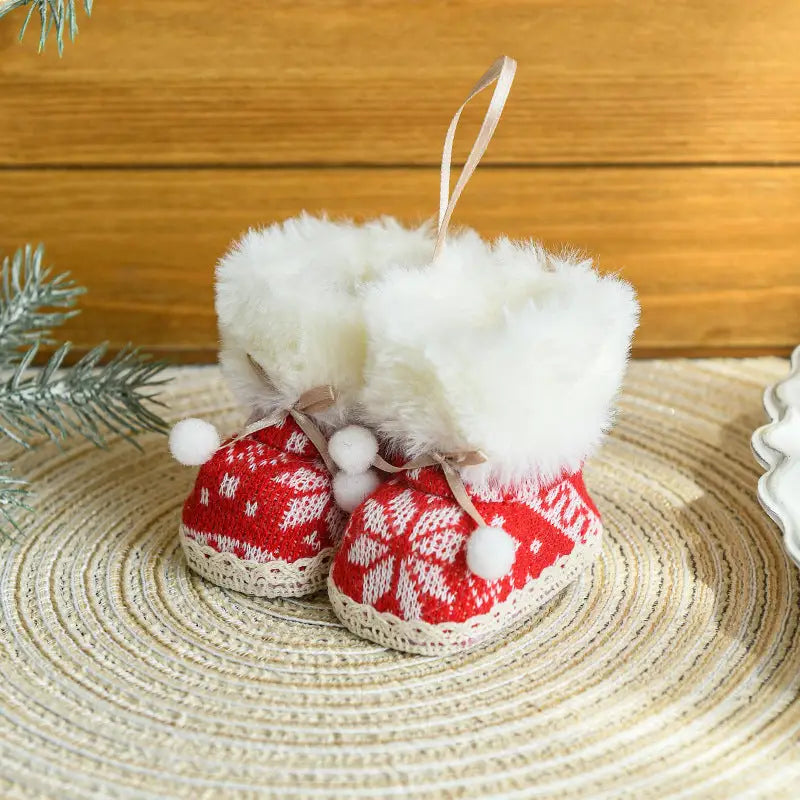Knitted Christmas Boot Ornaments with Faux Fur Trim - Set of 3 Hanging Decorations - Occasions > Christmas > Christmas