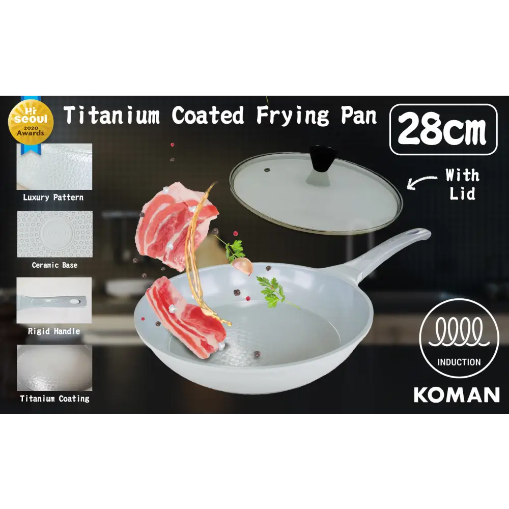 KOMAN Shinewon Vinch IH Frypan Frying Pan 28cm Non-stick Induction Ceramic + Glass Lid GREY - Home & Garden >