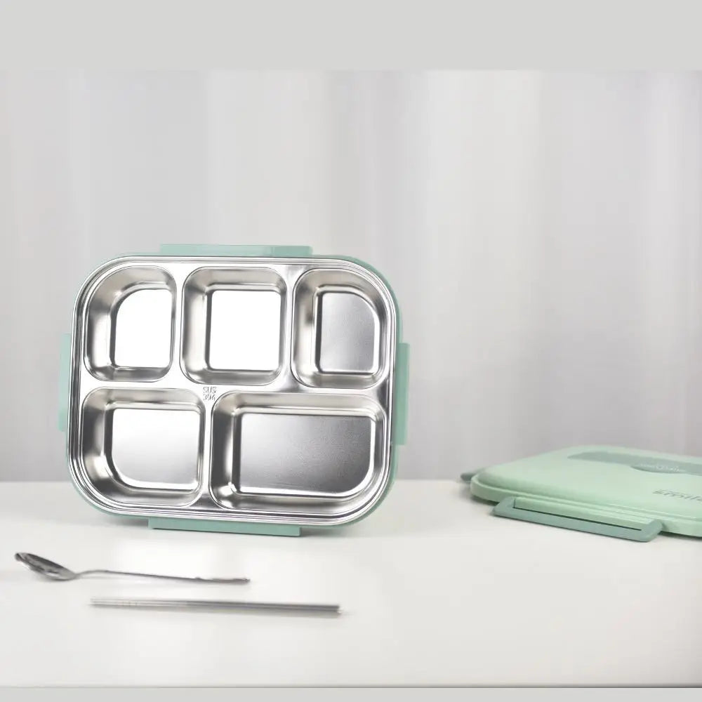 Kylin 304 Stainless Steel 5 Divided Smile Large Lunch Box With Soup Pot - Green - Home & Garden > Kitchenware