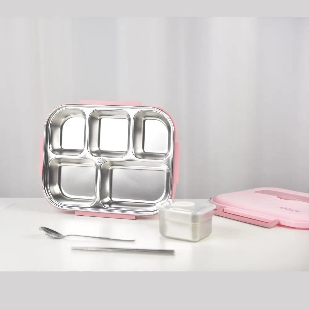 Kylin 304 Stainless Steel 5 Divided Smile Large Lunch Box With Soup Pot - Pink - Home & Garden > Kitchenware