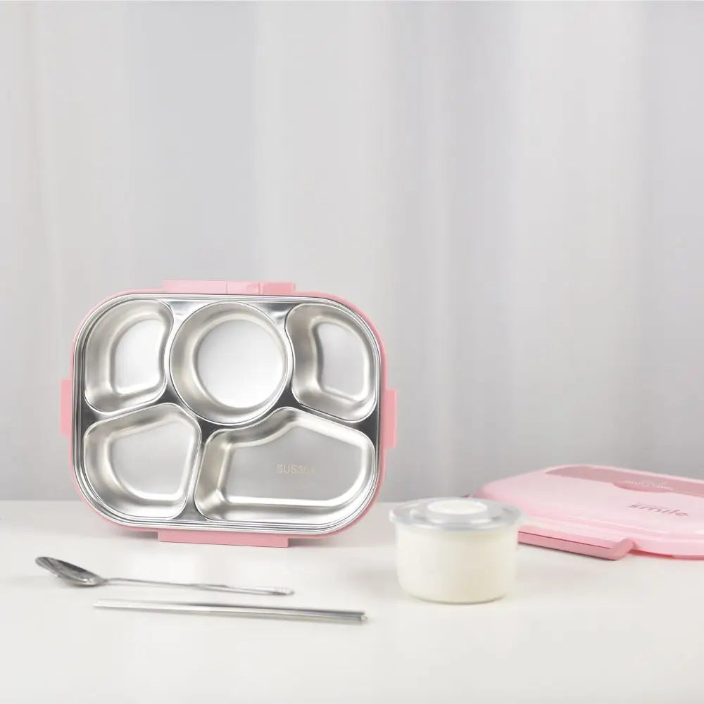 Kylin 304 Stainless Steel 5 Divided Smile Small Lunch Box With Soup Pot - Pink - Home & Garden > Kitchenware