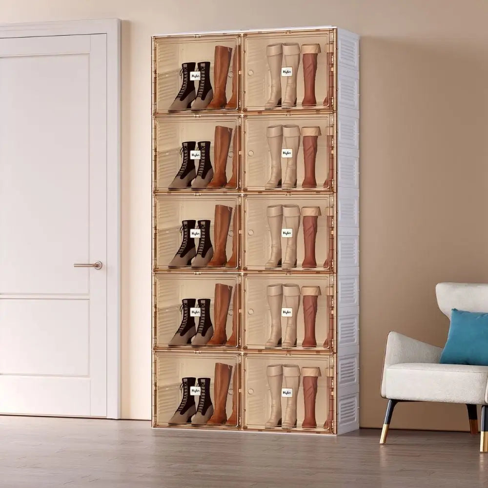Kylin Cubes Storage Folding Shoe Cabinet With 2 Column & 10 Grids & 10 Brown Door - Home & Garden > Storage