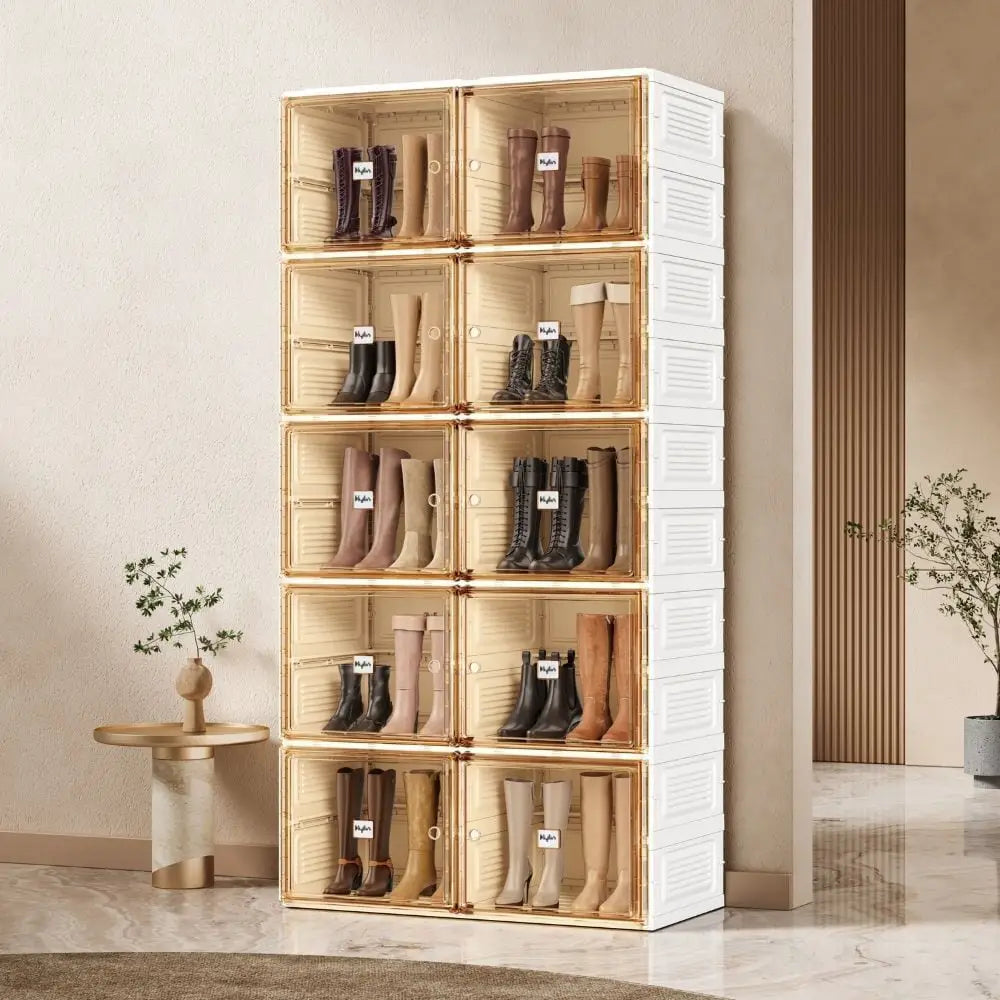 Kylin Cubes Storage Folding Shoe Cabinet With 2 Column & 10 Grids & 10 Brown Door - Home & Garden > Storage