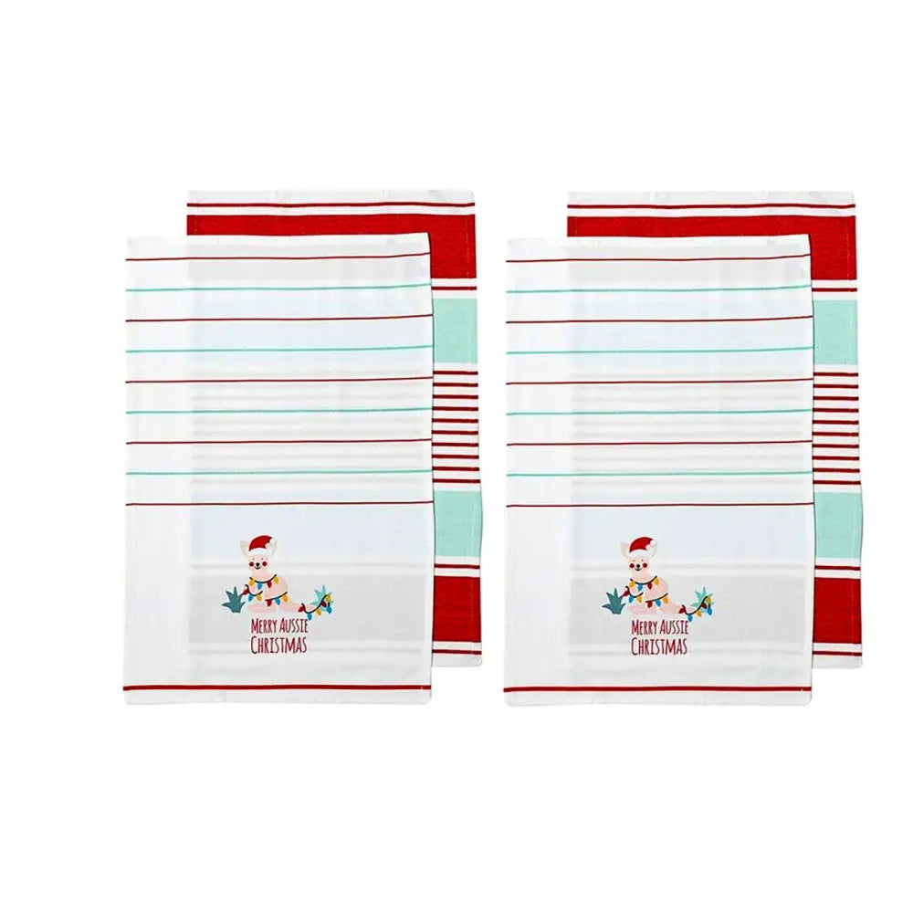Ladelle Australiana Aussie Animal Kangaroo Christmas Set of 4 Cotton Kitchen Towels - Home & Garden > Kitchenware