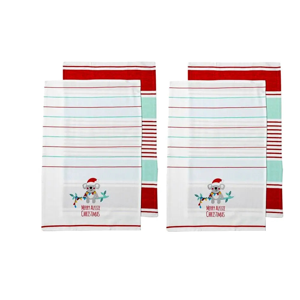 Ladelle Australiana Aussie Animal Koala Christmas Set of 4 Cotton Kitchen Towels - Home & Garden > Kitchenware