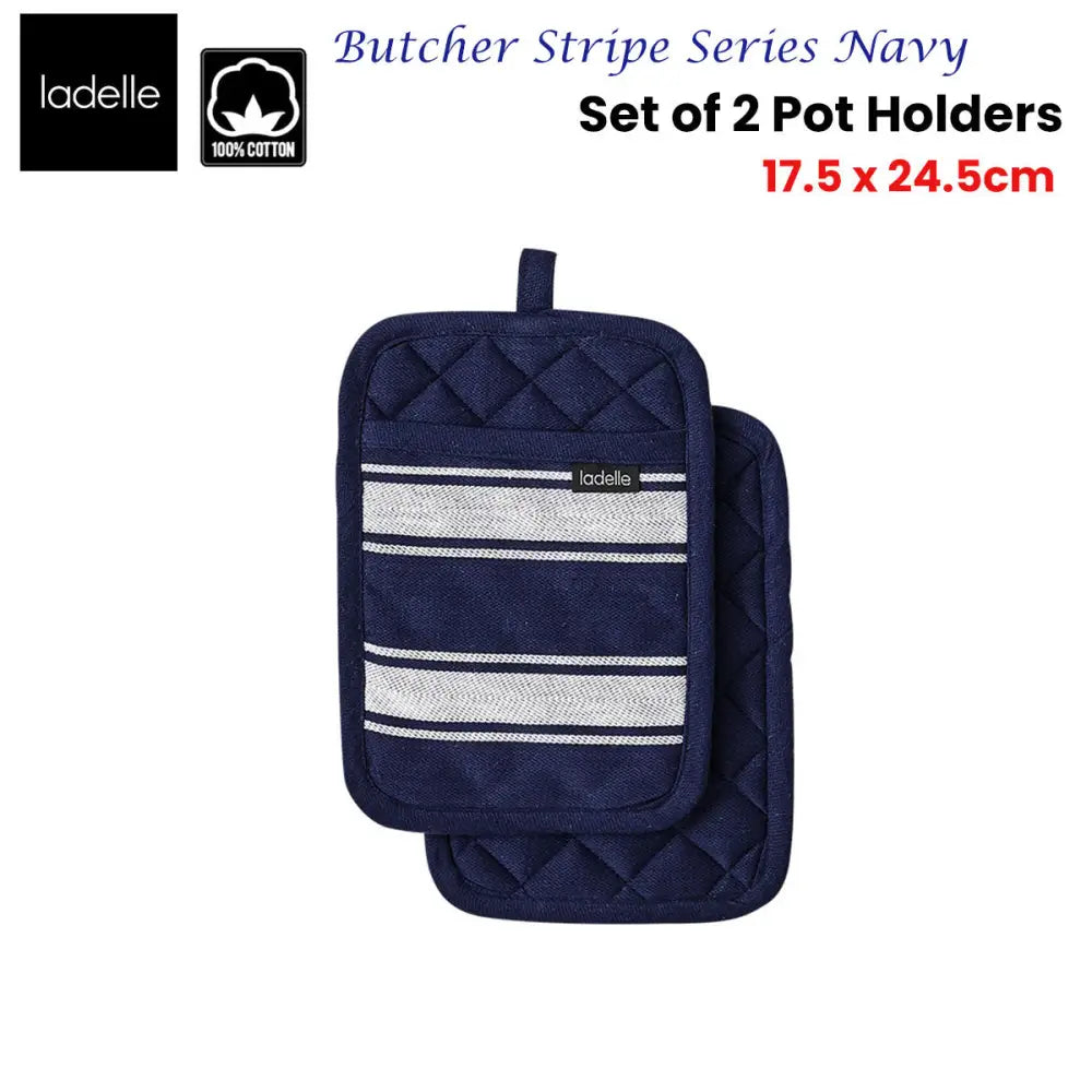 Ladelle Butcher Stripe Series Navy Set of 2 Pot Holders 17.5 x 24.5cm - Home & Garden > Kitchenware
