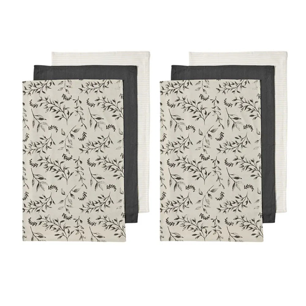 Ladelle Grown Ivy Set of 6 Cotton Kitchen Towels Charcoal - Home & Garden > Kitchenware