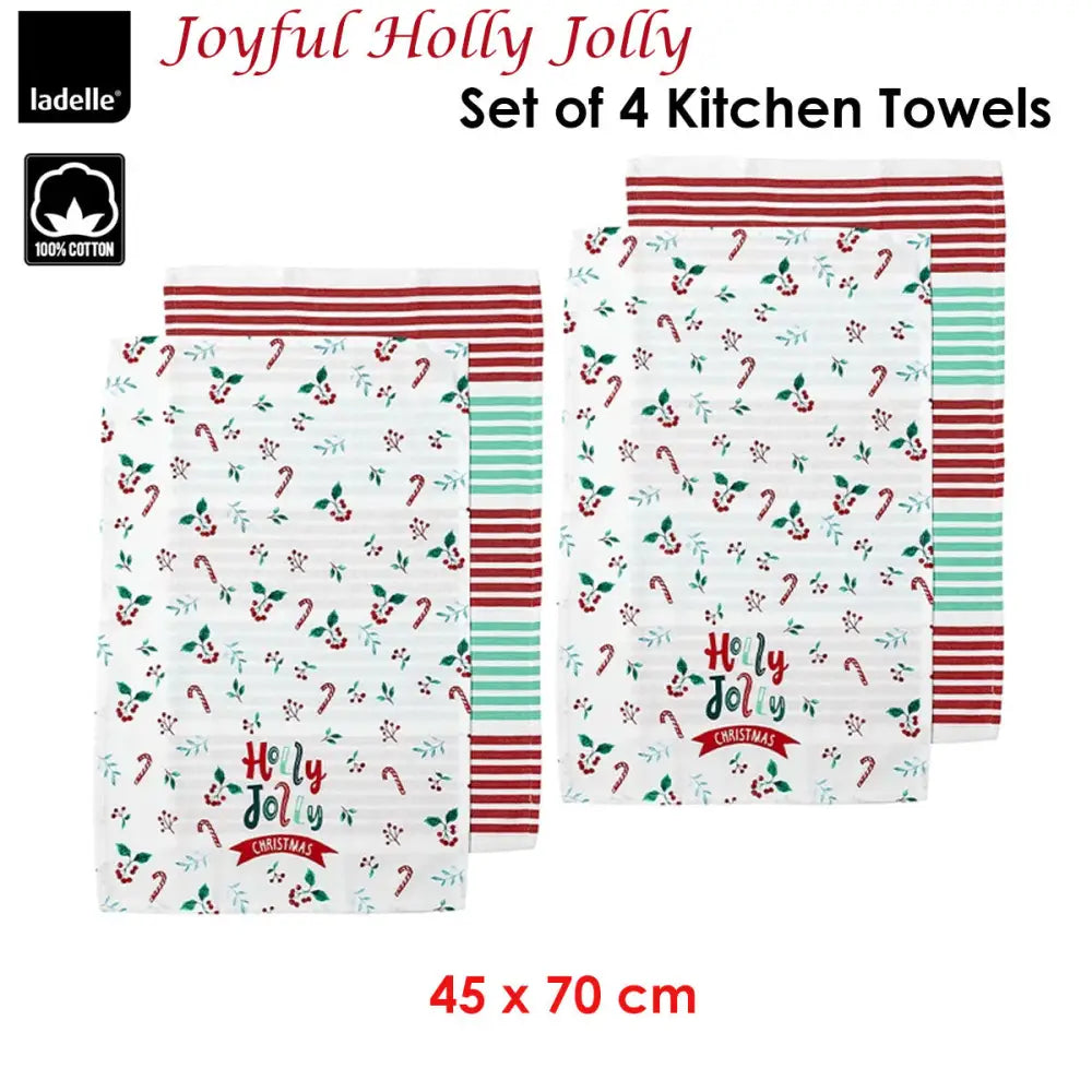 Ladelle Joyful Holly Jolly Christmas Set of 4 Cotton Kitchen Towels 45 x 70 cm - Home & Garden > Kitchenware