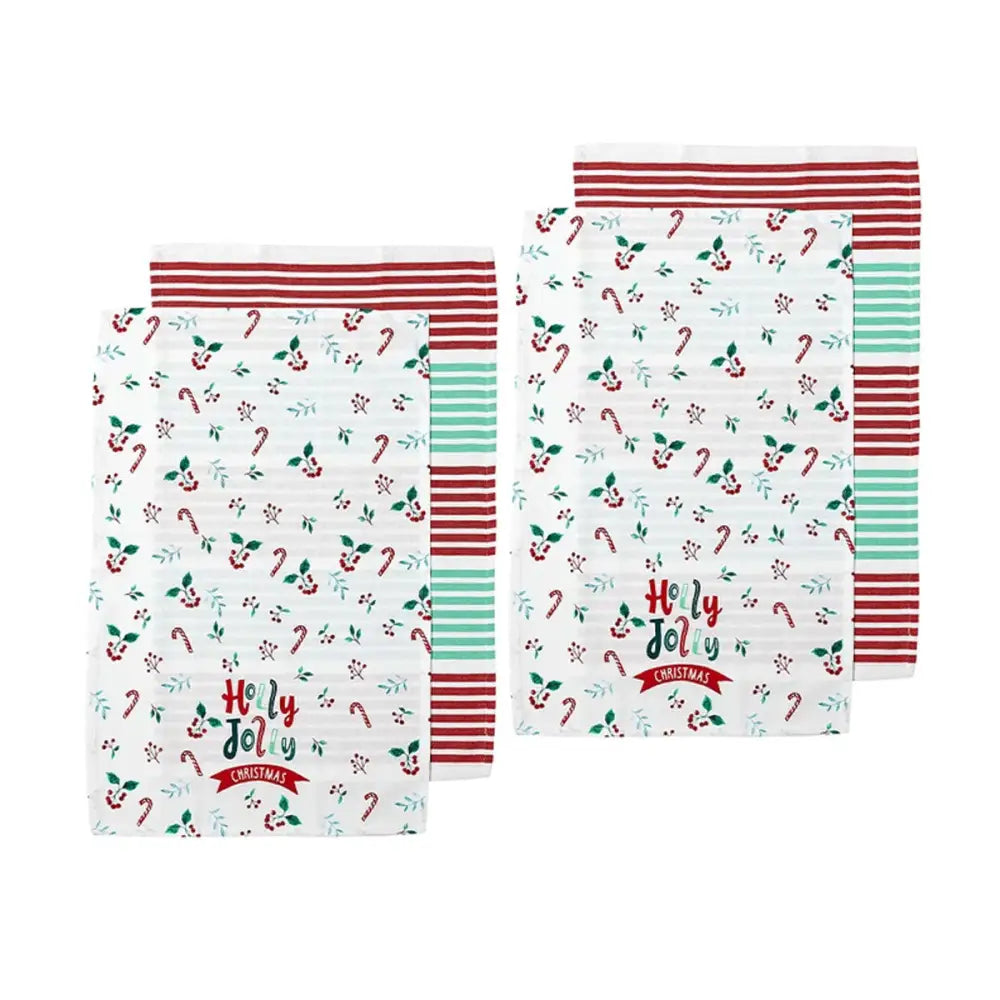 Ladelle Joyful Holly Jolly Christmas Set of 4 Cotton Kitchen Towels 45 x 70 cm - Home & Garden > Kitchenware