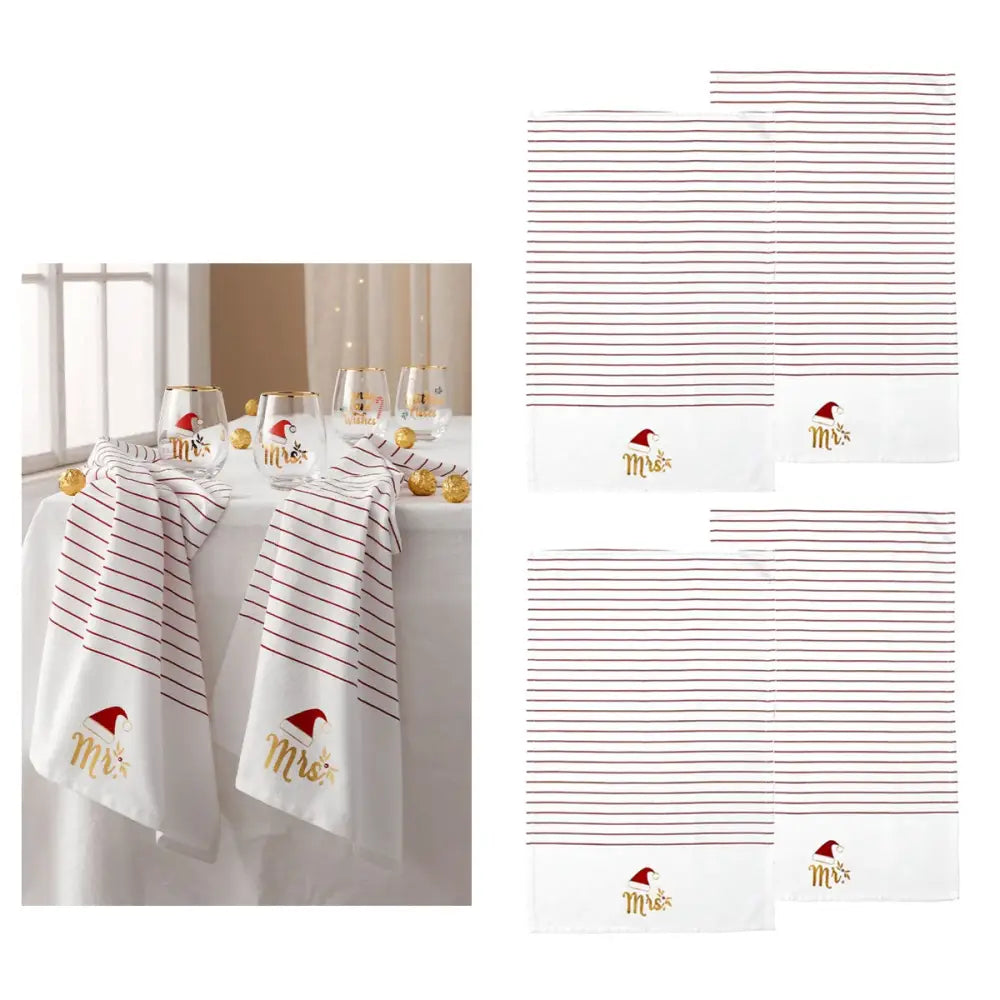 Ladelle Mr & Mrs Christmas Hat Set of 4 Cotton Kitchen Towels 45 x 70 cm - Home & Garden > Kitchenware