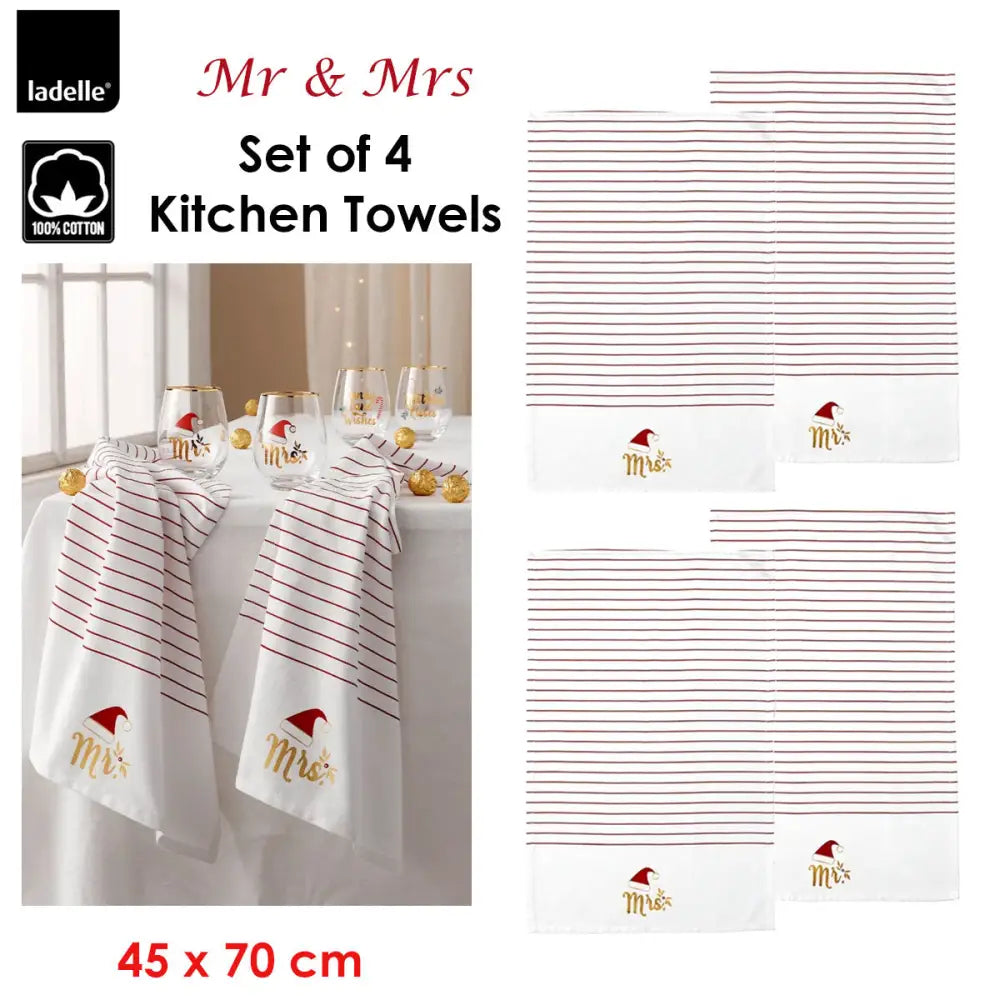 Ladelle Mr & Mrs Christmas Hat Set of 4 Cotton Kitchen Towels 45 x 70 cm - Home & Garden > Kitchenware