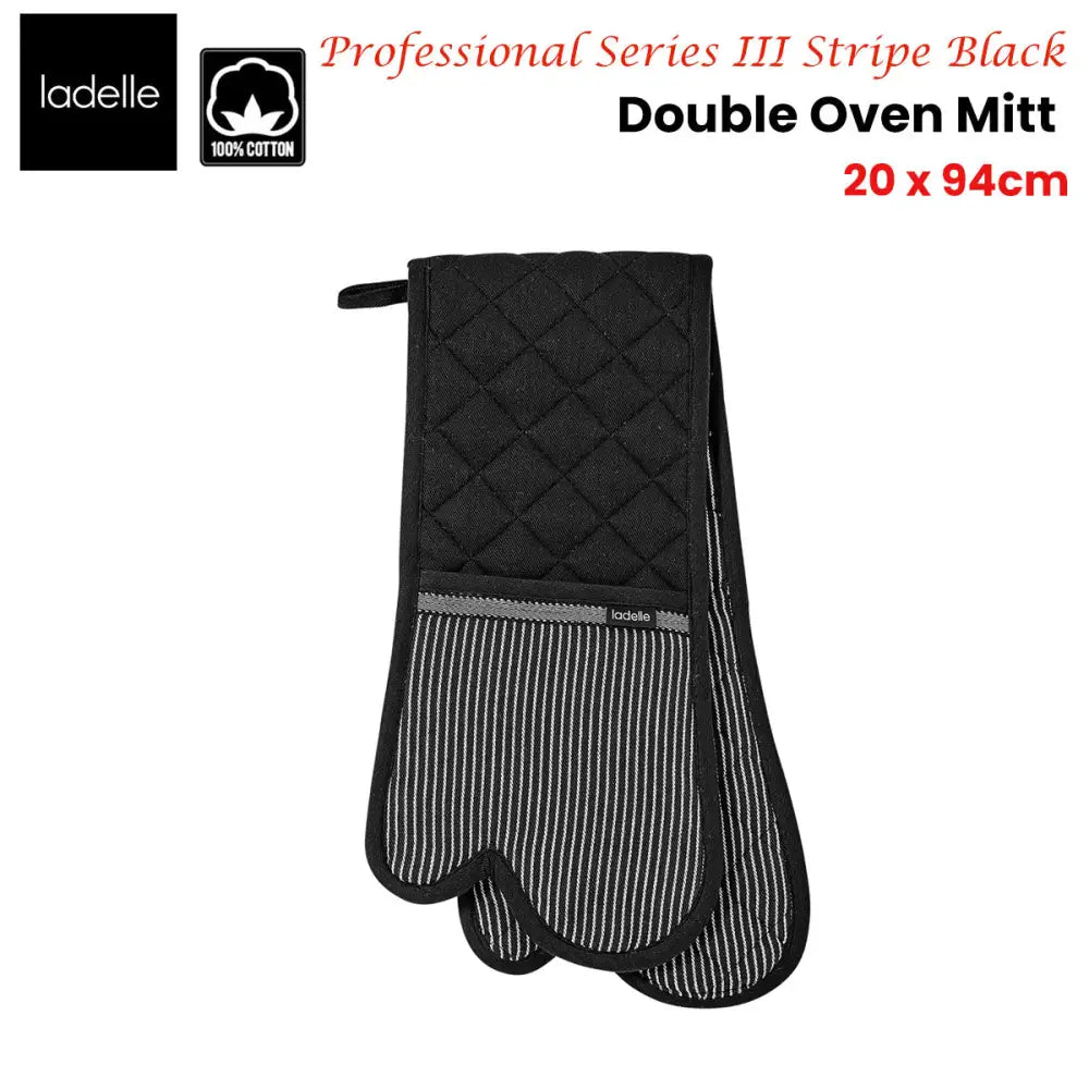 Ladelle Professional Series Stripe Black Double Oven Mitt 20 x 94 cm - Home & Garden > Kitchenware