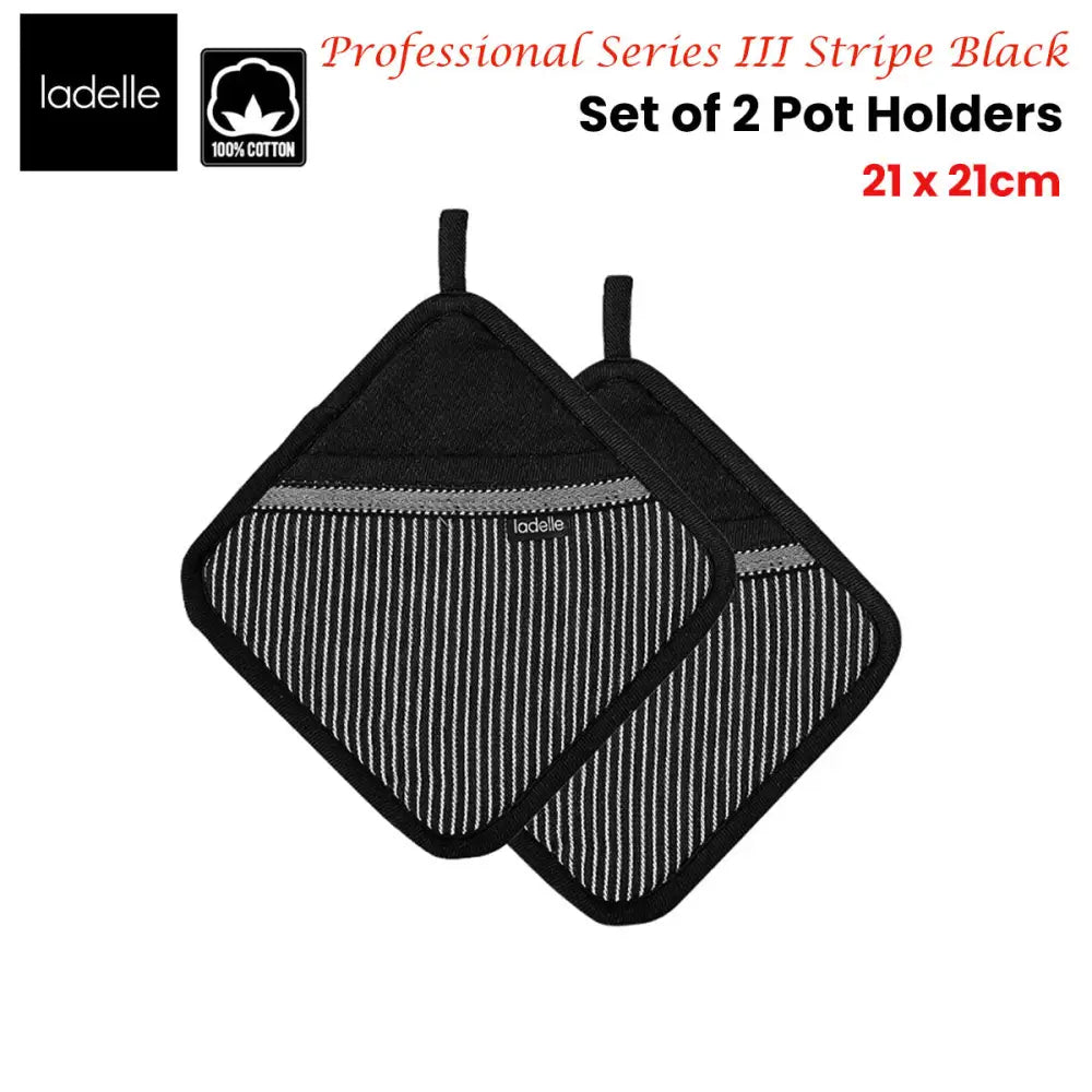 Ladelle Professional Series Stripe Black Set of 2 Pot Holders 21 x 21 cm - Home & Garden > Kitchenware