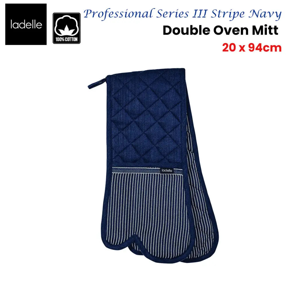 Ladelle Professional Series Stripe Navy Double Oven Mitt 20 x 94 cm - Home & Garden > Kitchenware