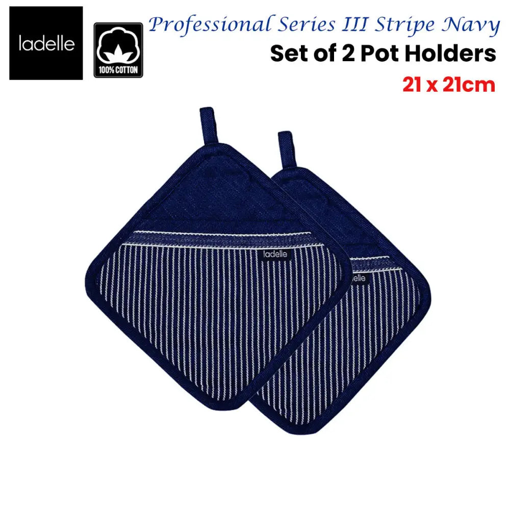 Ladelle Professional Series Stripe Navy Set of 2 Pot Holders 21 x 21 cm - Home & Garden > Kitchenware