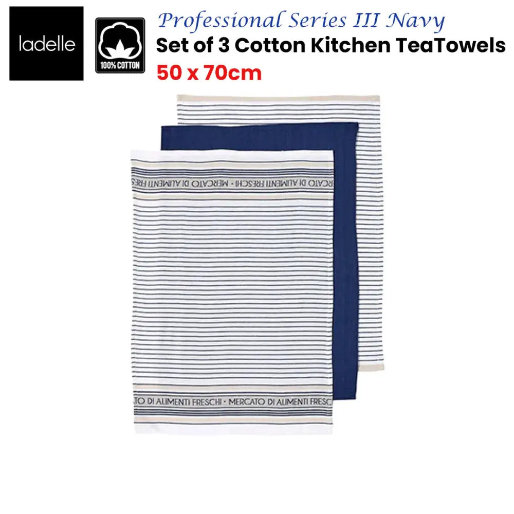 Ladelle Set of 3 Professional Series III Cotton Kitchen Tea Towels Navy 50 x 70 cm - Home & Garden > Kitchenware