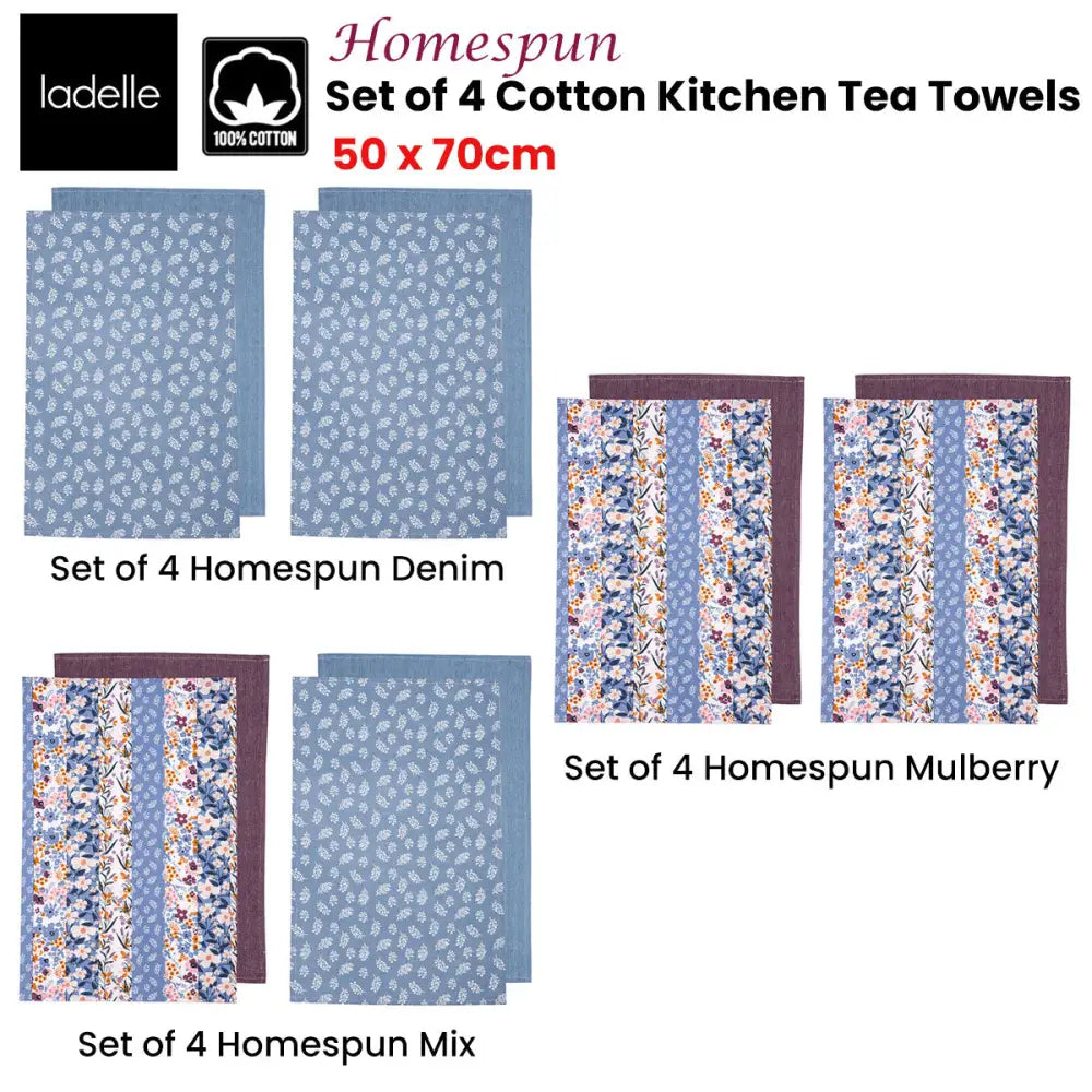 Ladelle Set of 4 Homespun Cotton Kitchen Tea Towels 50 x 70 cm Mix - Home & Garden > Kitchenware