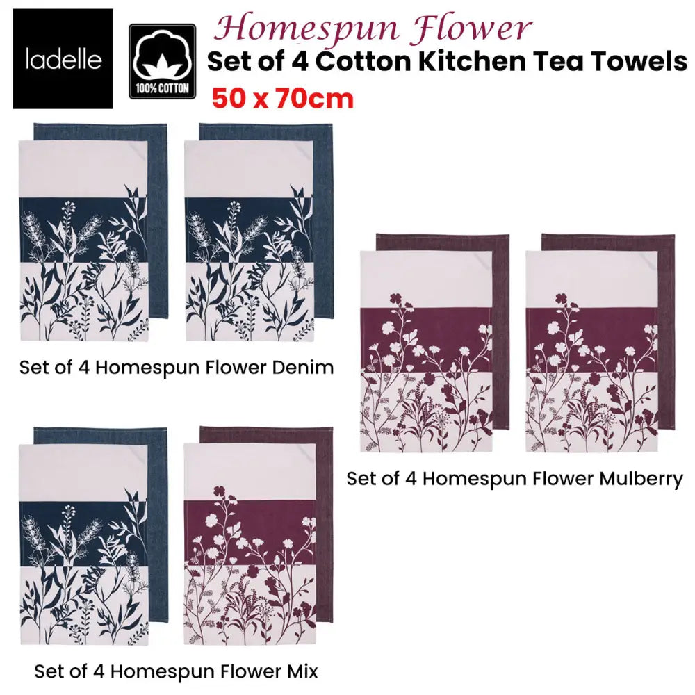 Ladelle Set of 4 Homespun Flower Cotton Kitchen Tea Towels 50 x 70 cm Mix - Home & Garden > Kitchenware
