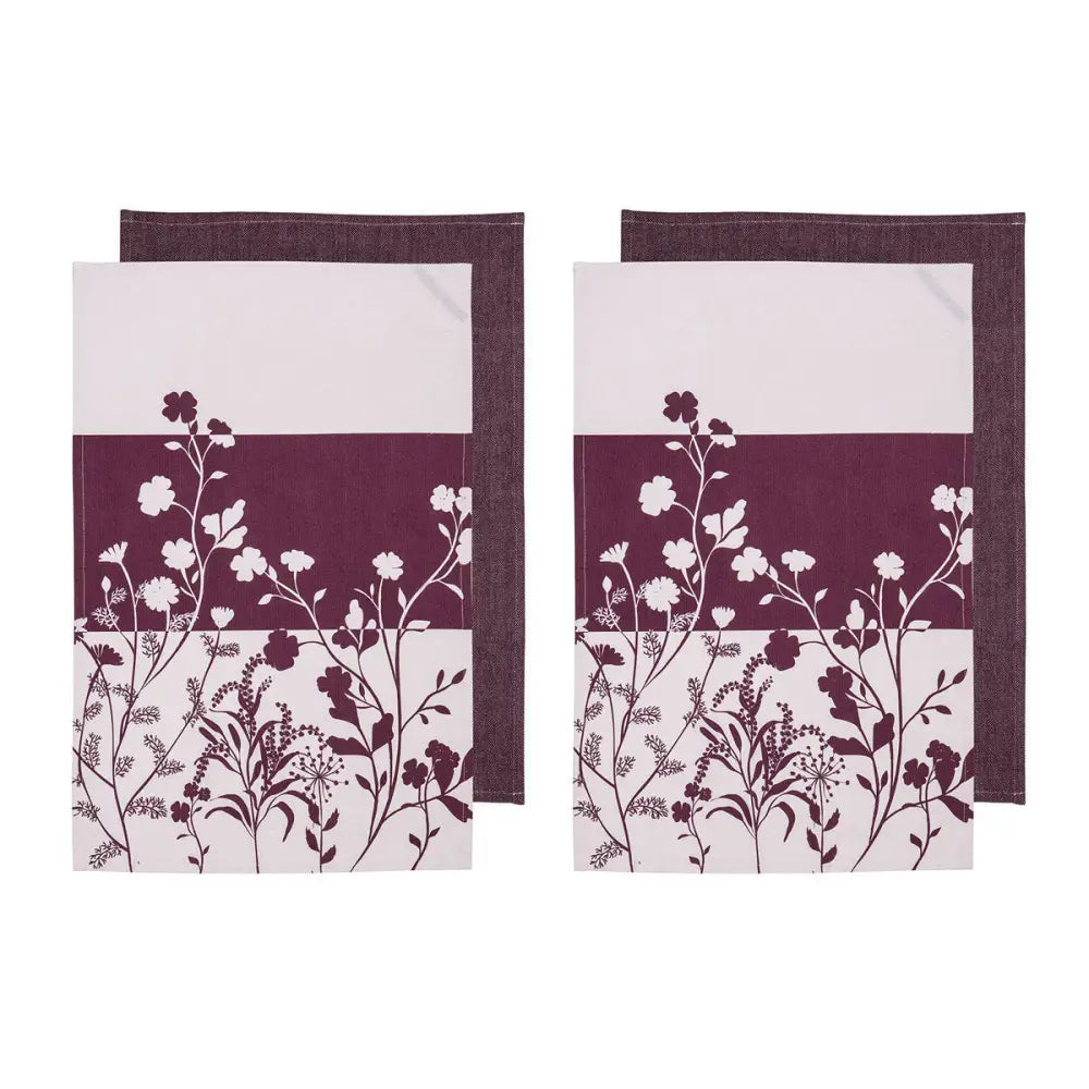 Ladelle Set of 4 Homespun Flower Cotton Kitchen Tea Towels 50 x 70 cm Mulberry - Home & Garden > Kitchenware