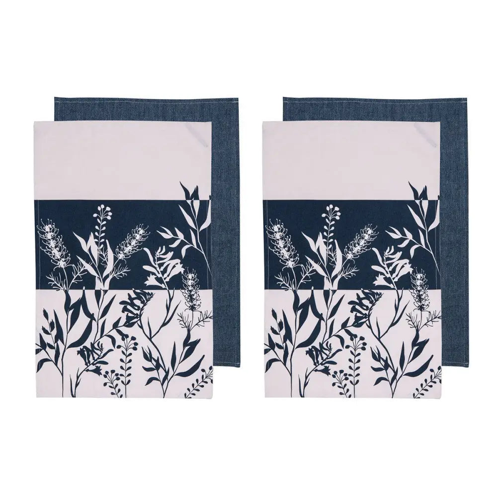 Ladelle Set of 4 Homespun Flower Cotton Kitchen Tea Towels 50 x 70 cm Denim - Home & Garden > Kitchenware