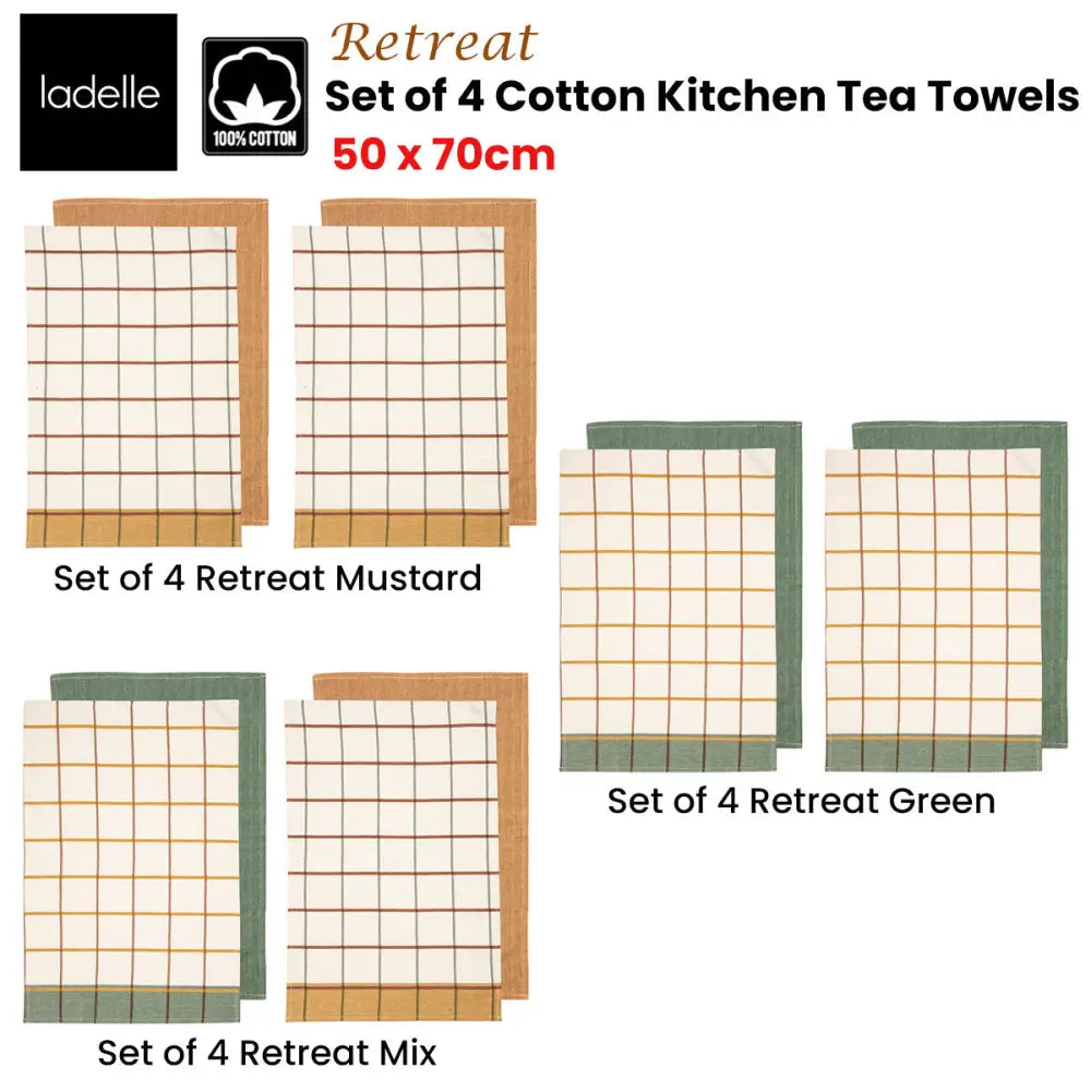 Ladelle Set of 4 Retreat Cotton Kitchen Tea Towels 50 x 70 cm Green - Home & Garden > Kitchenware