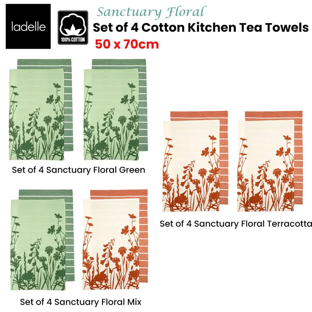 Ladelle Set of 4 Sanctuary Floral Cotton Kitchen Tea Towels 50 x 70 cm Mix - Home & Garden > Kitchenware