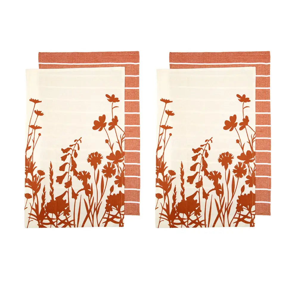 Ladelle Set of 4 Sanctuary Floral Cotton Kitchen Tea Towels 50 x 70 cm Terracotta - Home & Garden > Kitchenware