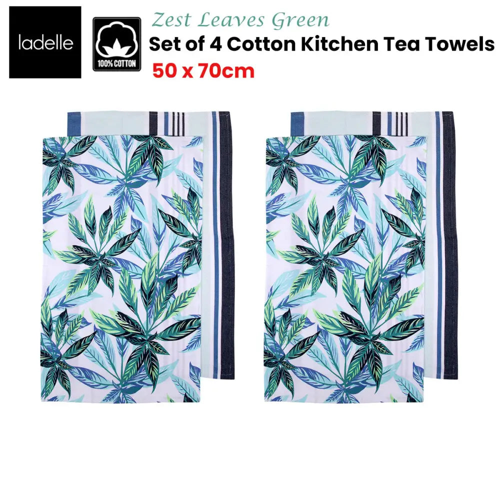 Ladelle Set of 4 Zest Leaves Green Cotton Kitchen Tea Towels 50 x 70 cm - Home & Garden > Kitchenware
