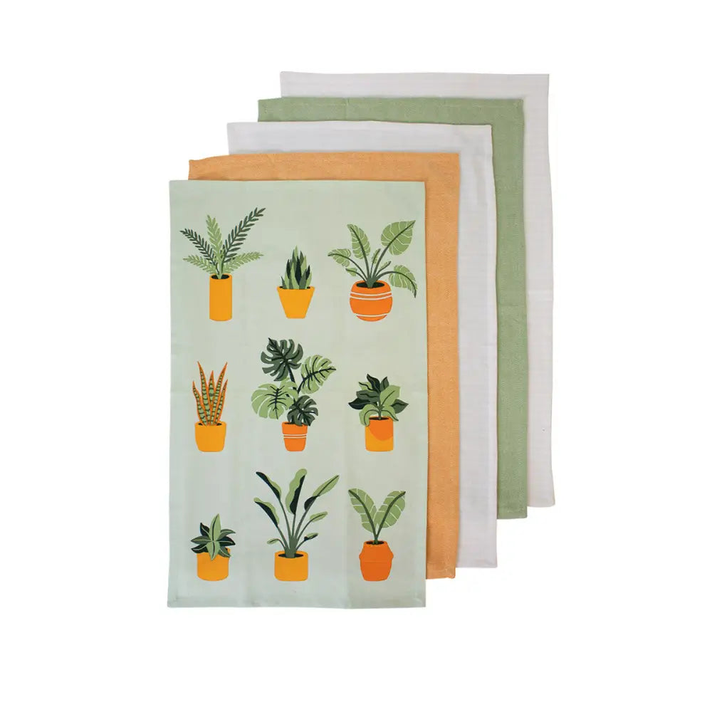 Ladelle Set of 5 Plant Life Cotton Kitchen Tea Towels 50 x 70 cm Green - Home & Garden > Kitchenware