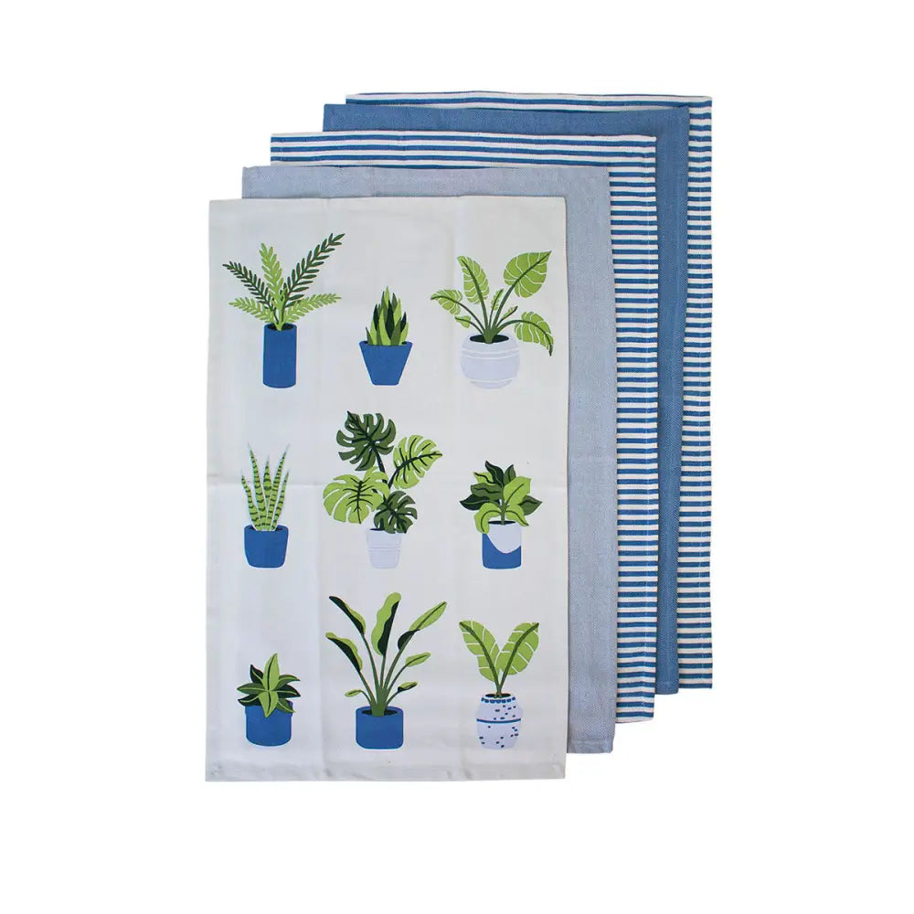 Ladelle Set of 5 Plant Life Cotton Kitchen Tea Towels 50 x 70 cm Blue - Home & Garden > Kitchenware