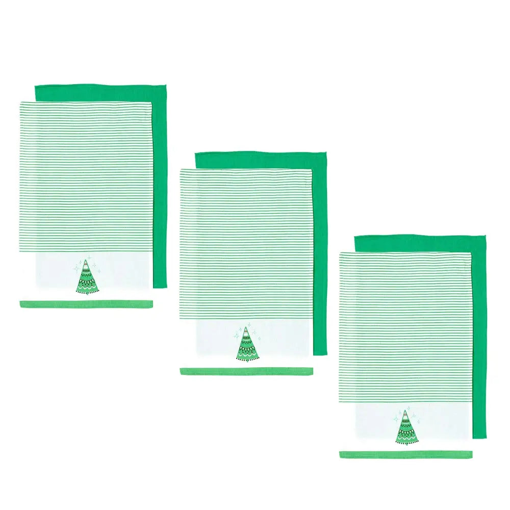 Ladelle Set of 6 Christmas Xmas Festival Joyful Icons Cotton Tea Towels Christmas Tree - Home & Garden > Kitchenware