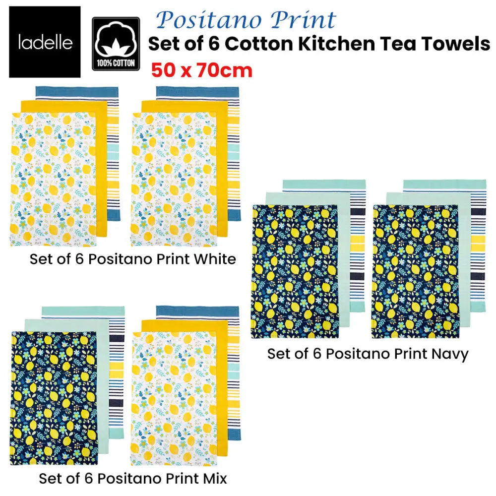 Ladelle Set of 6 Positano Cotton Kitchen Tea Towels 50 x 70 cm White - Home & Garden > Kitchenware