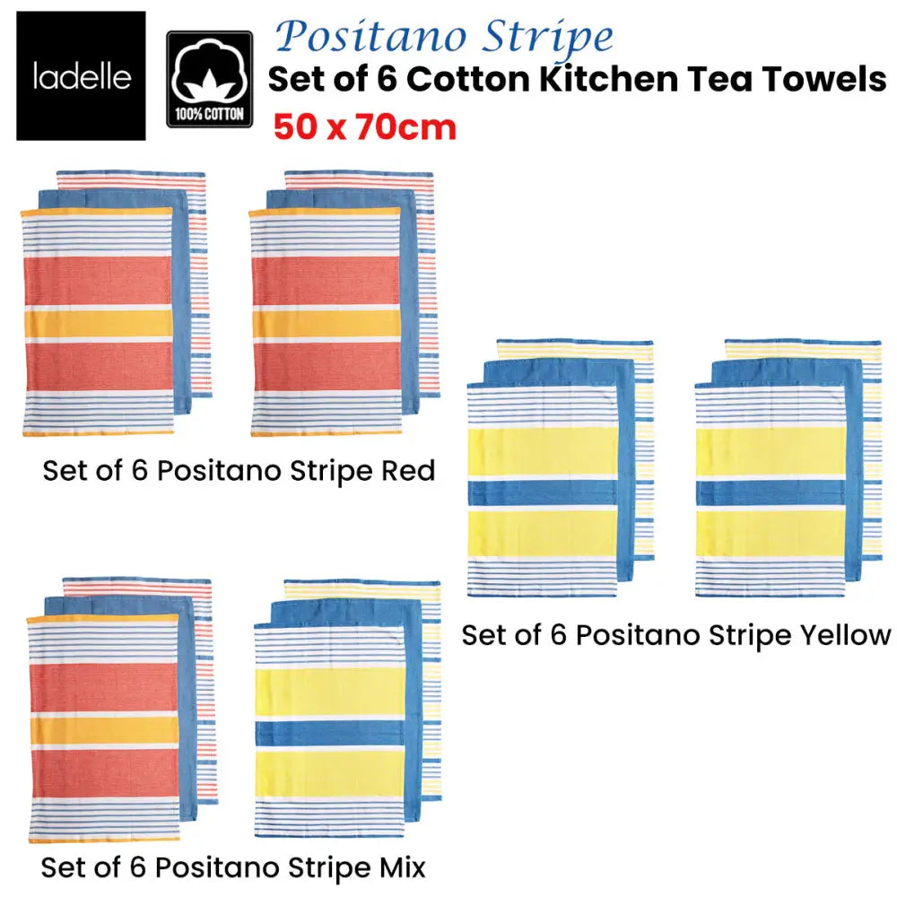 Ladelle Set of 6 Positano Stripe Cotton Kitchen Tea Towels 50 x 70 cm Red - Home & Garden > Kitchenware