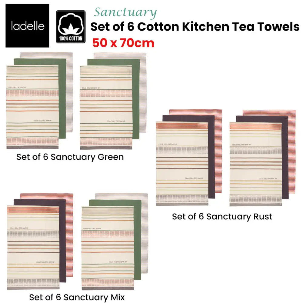 Ladelle Set of 6 Sanctuary Cotton Kitchen Tea Towels 50 x 70 cm Rust - Home & Garden > Kitchenware