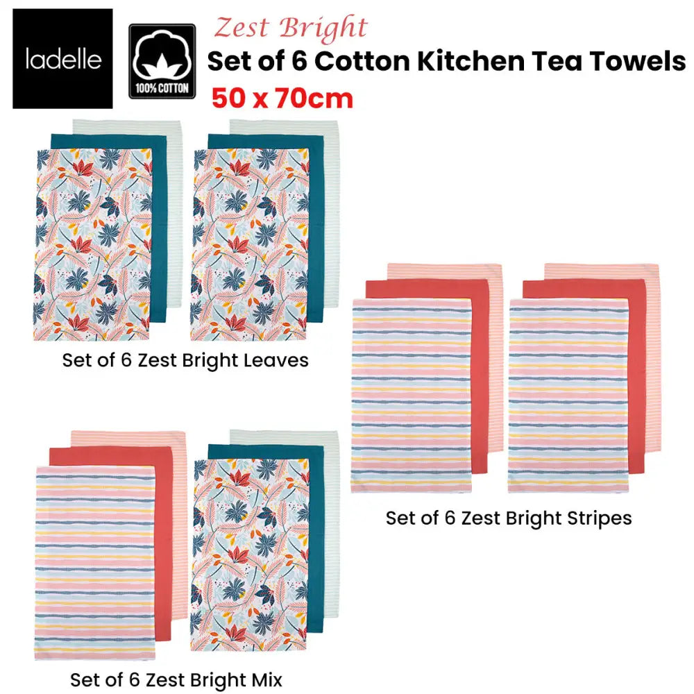 Ladelle Set of 6 Zest Bright Cotton Kitchen Tea Towels 50 x 70 cm Mix - Home & Garden > Kitchenware