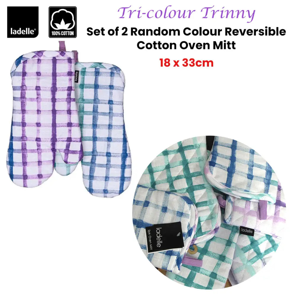 Ladelle Tri-colour Trinny Random Pattern/Colour Reversible Set of 2 Oven Mitts 18 x 33 cm - Home & Garden > Kitchenware