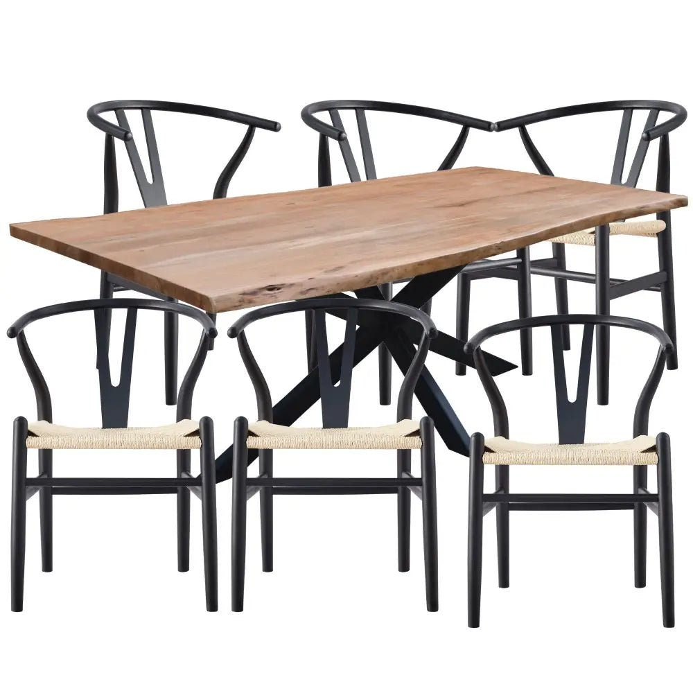 Lantana 7pc 210cm Dining Table 6 Black Wishbone Chair Set Live Edge Acacia Wood - Furniture > Dining